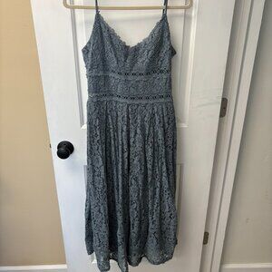 NSR Full Lace Spaghetti Strap Dusty Blue Midi Dress w/ Sheer Section